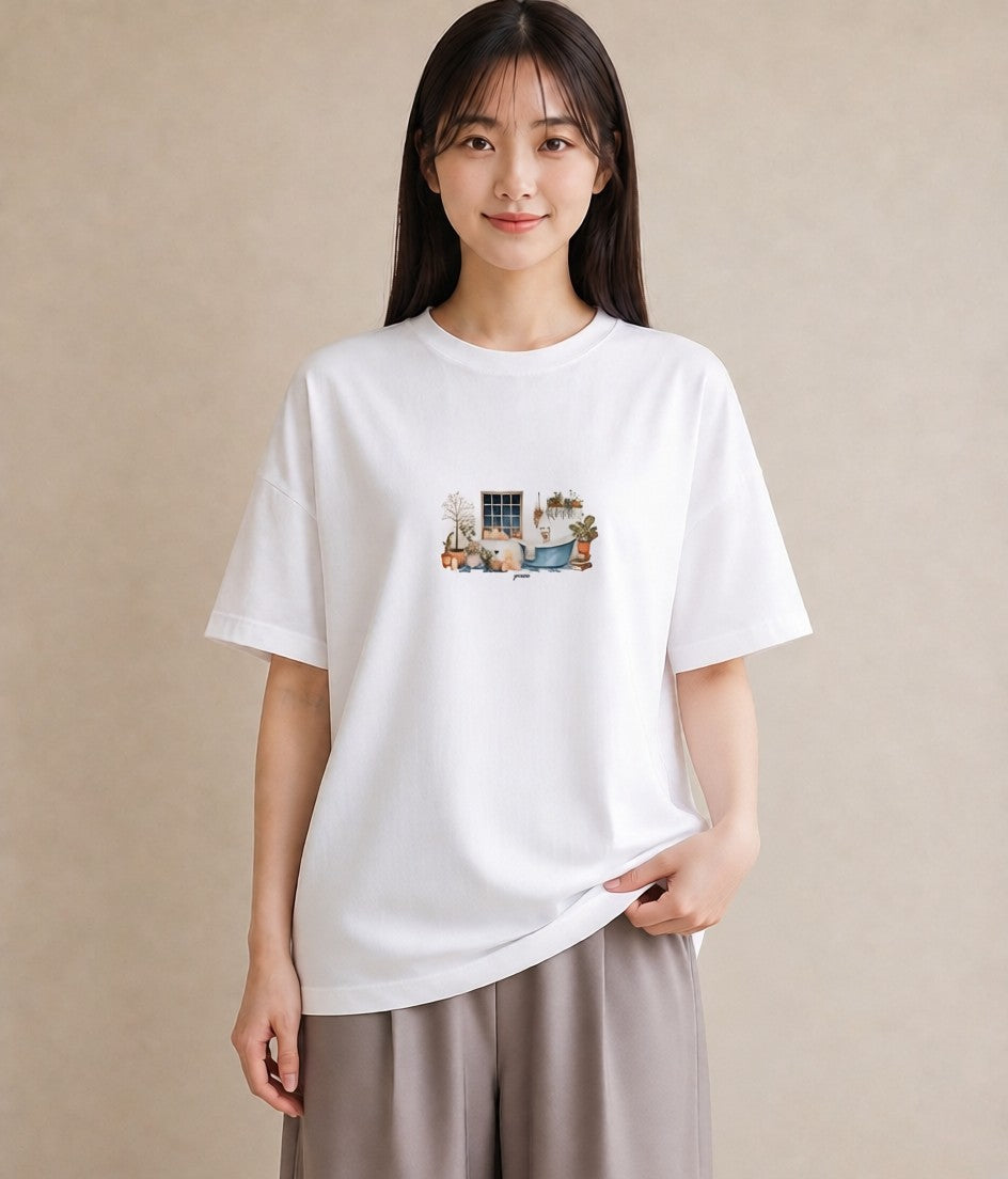 プリントTシャツ レディース 窓辺の雨 雨の日 窓 ナチュラル アンティーク イラスト お洒落 秋コーデ おしゃれギフト 白T YMAZO