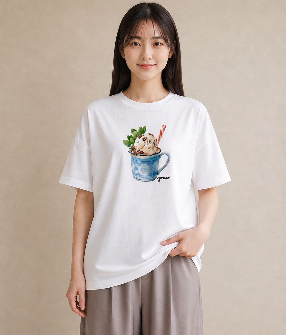 グラフィックTシャツ レディース パフェ 食べ物 フード イラスト フェミニン デイリーウェア 休日 白T YMAZO