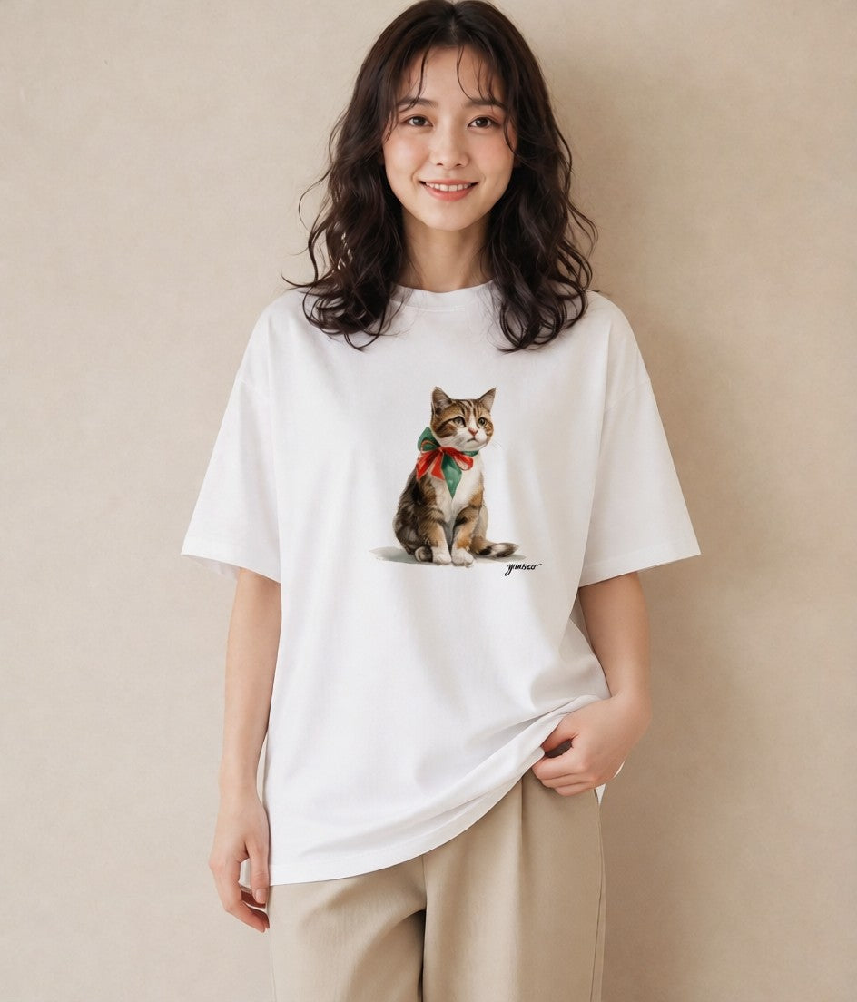 グラフィックTシャツ レディース アメリカンショートヘア 猫 ねこ イラスト きれいめカジュアル 普段着 週末コーデ 白T YMAZO