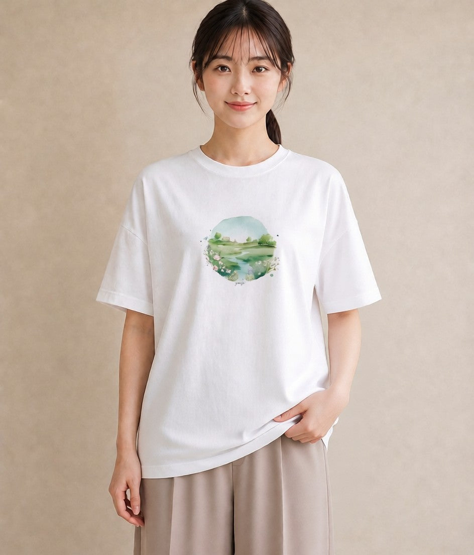 グラフィックTシャツ レディース 小川 橋 せせらぎ ナチュラル アンティーク イラスト アート風 母の日 ビーチ 白T YMAZO