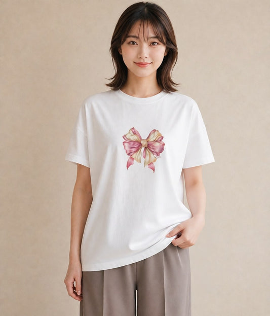 Tシャツ レディース リボン 蝶結び ナチュラル アンティーク イラスト 夏コーデ 通学 白T
