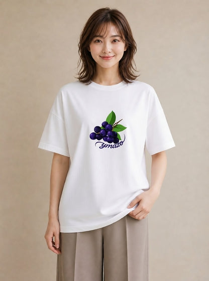 半袖Tシャツ レディース ブルーベリー 食べ物 フード イラスト シック お出かけ 普段着 白T YMAZO