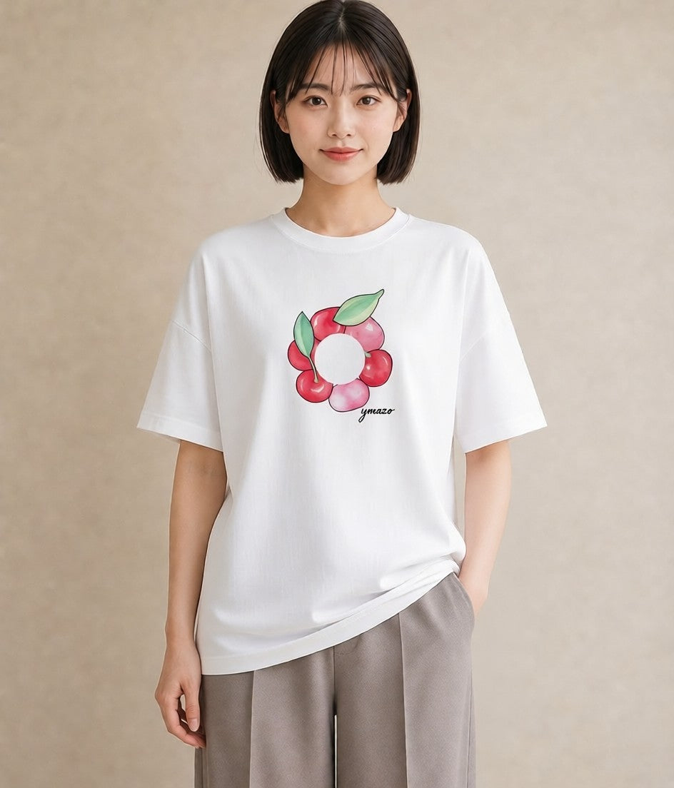 グラフィックTシャツ レディース さくらんぼ チェリー 食べ物 フード イラスト 抜け感 公園 ママ 白T YMAZO