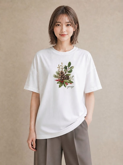 デザインTシャツ レディース 松ぼっくり 植物 ボタニカル イラスト レイヤード 友達ギフト 白T YMAZO