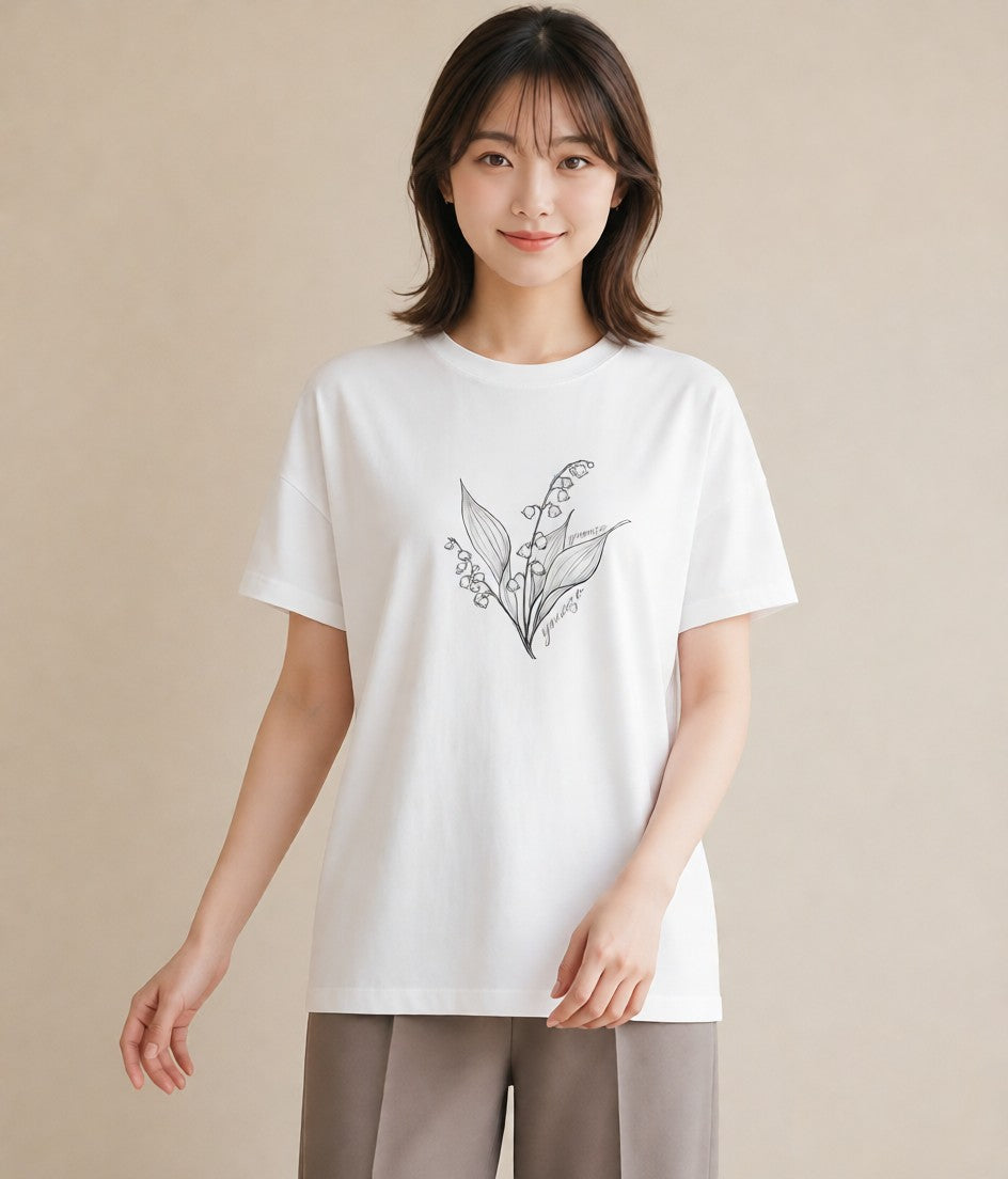 半袖Tシャツ レディース すずらん 花 花柄 イラスト カフェコーデ 休日 ペアコーデ 白T