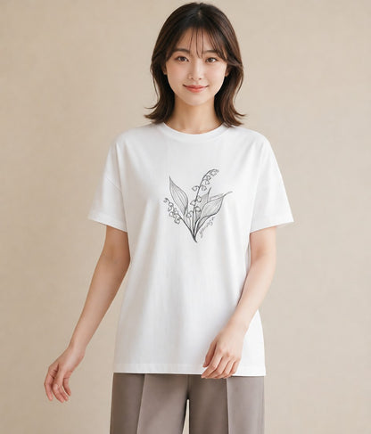 半袖Tシャツ レディース すずらん 花 花柄 イラスト カフェコーデ 休日 ペアコーデ 白T