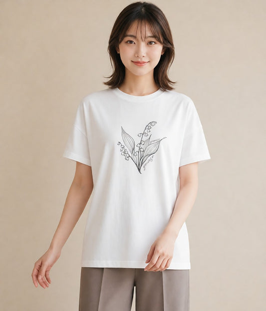 半袖Tシャツ レディース すずらん 花 花柄 イラスト カフェコーデ 休日 ペアコーデ 白T YMAZO