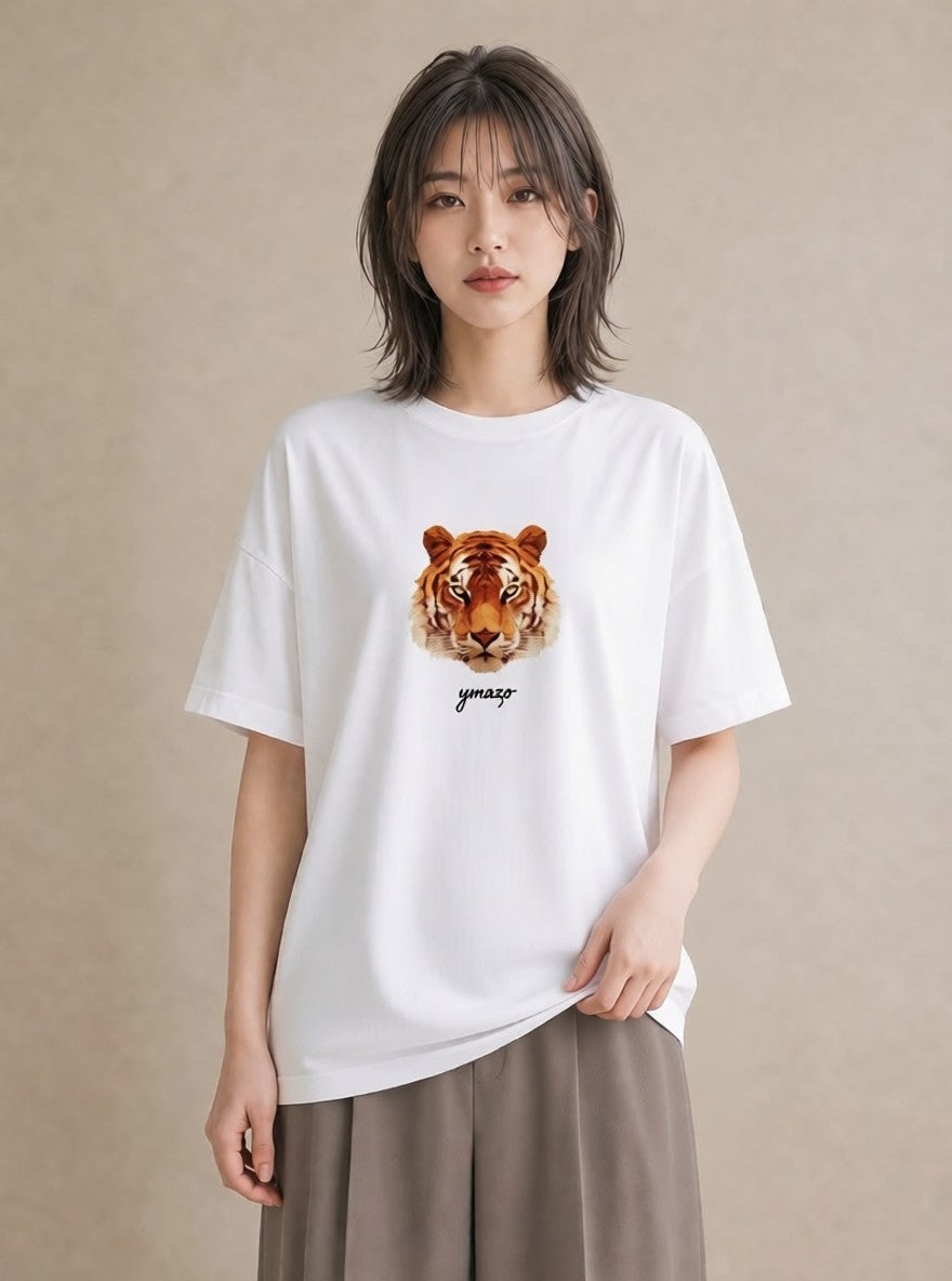 半袖Tシャツ レディース とら 動物 アニマル イラスト カジュアル ペアコーデ 秋コーデ 白T YMAZO