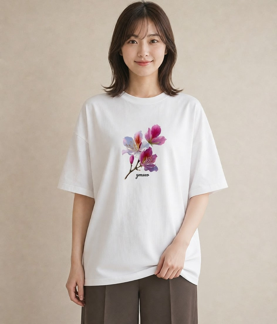 半袖Tシャツ レディース 梅 花 花柄 イラスト 旅行コーデ 買い物 夏コーデ 白T YMAZO