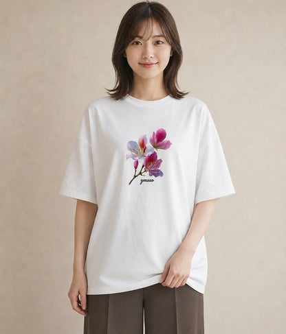 半袖Tシャツ レディース 梅 花 花柄 イラスト 旅行コーデ 買い物 夏コーデ 白T YMAZO