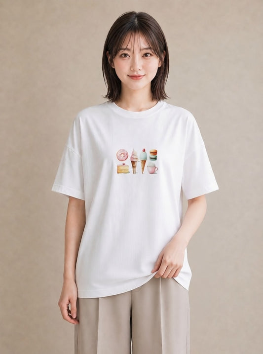 デザインTシャツ レディース ドーナツ 食べ物 フード イラスト こなれ感 ラフ レイヤード 白T YMAZO