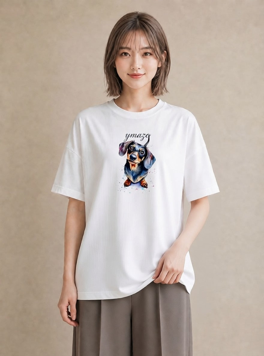 グラフィックTシャツ レディース ミニチュアダックスフンド 犬 いぬ イラスト ラフカジュアル レイヤード 友達ギフト 白T YMAZO
