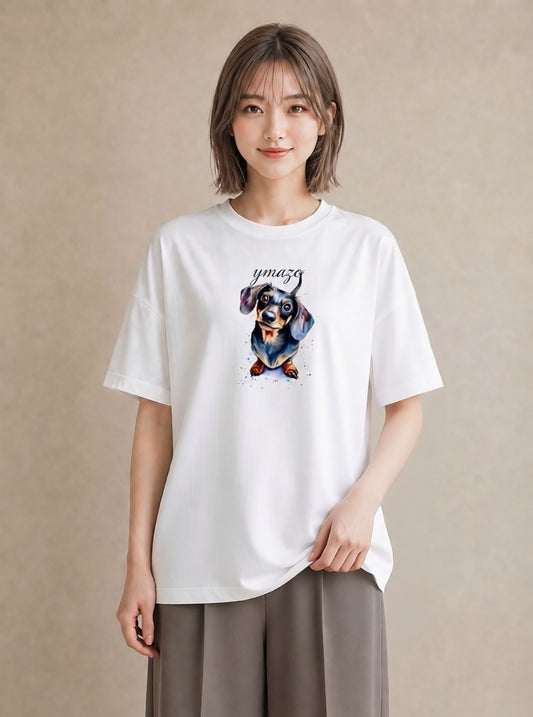 グラフィックTシャツ レディース ミニチュアダックスフンド 犬 いぬ イラスト ラフカジュアル レイヤード 友達ギフト 白T