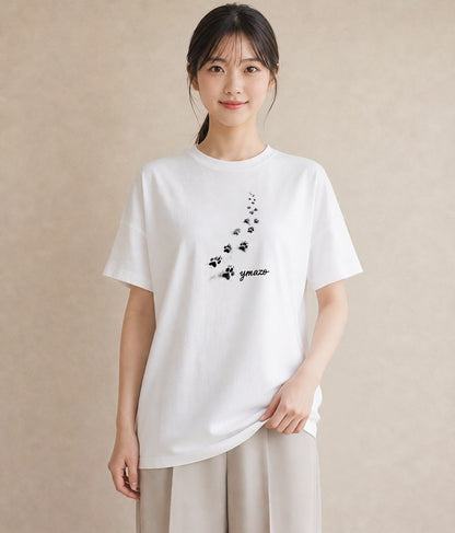 グラフィックTシャツ レディース 肉球 猫 ねこ イラスト 淡色 ミセス 春コーデ 白T YMAZO