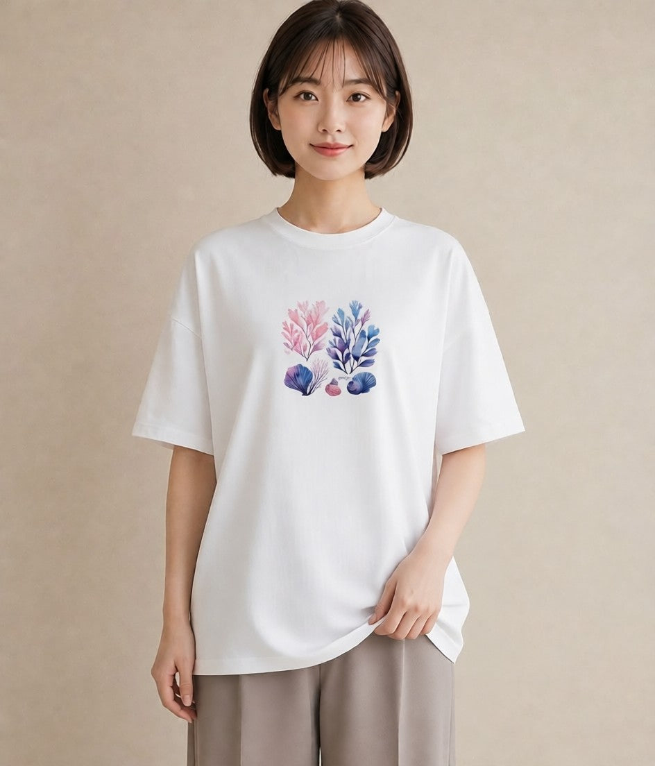 Tシャツ レディース サンゴ 海の生き物 海 イラスト アート風 休日 ペアコーデ 白T YMAZO