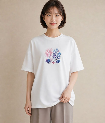 Tシャツ レディース サンゴ 海の生き物 海 イラスト アート風 休日 ペアコーデ 白T YMAZO