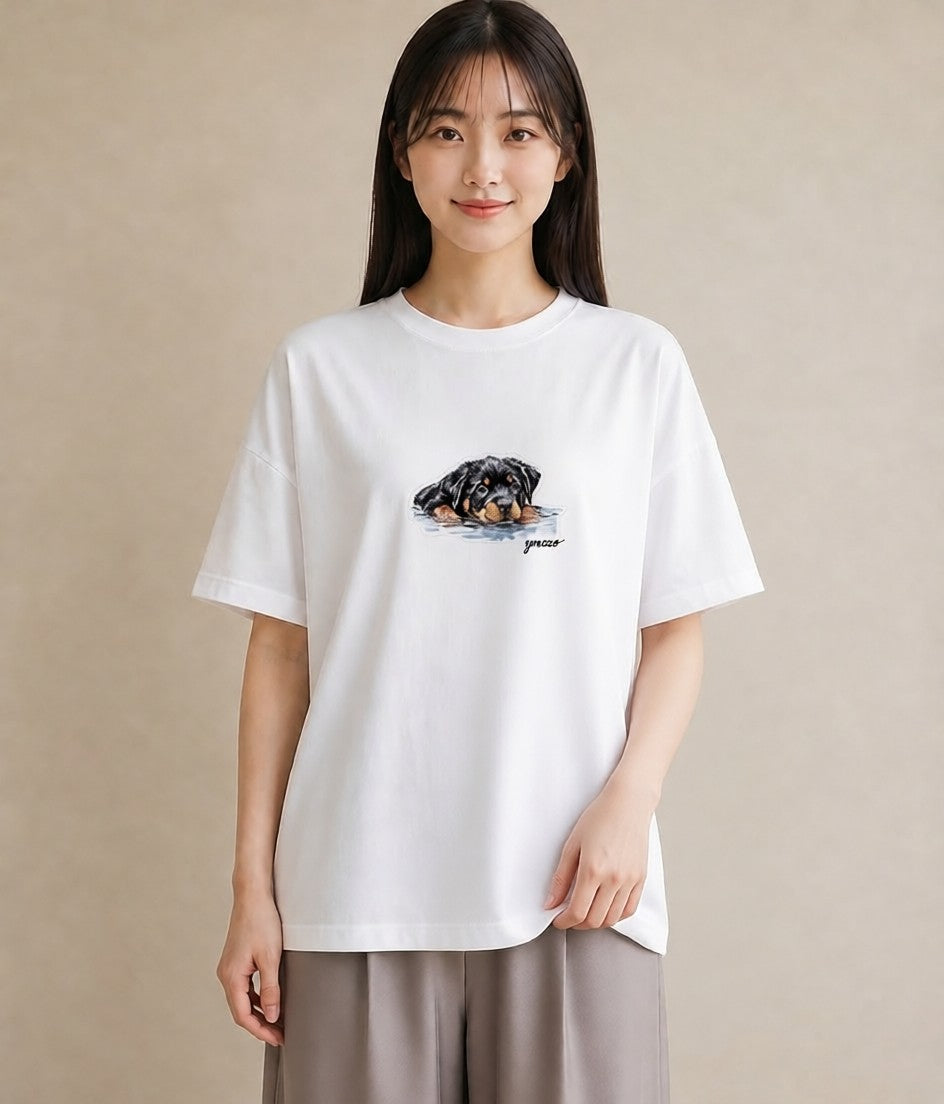 半袖Tシャツ レディース 黒柴 犬 いぬ イラスト シック クリスマス 旅行 白T YMAZO