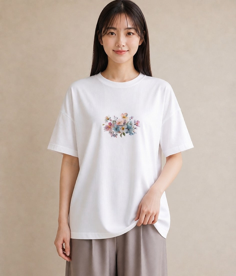 グラフィックTシャツ レディース パンジー 花 花柄 イラスト ガーリー 送別ギフト 通勤 白T YMAZO