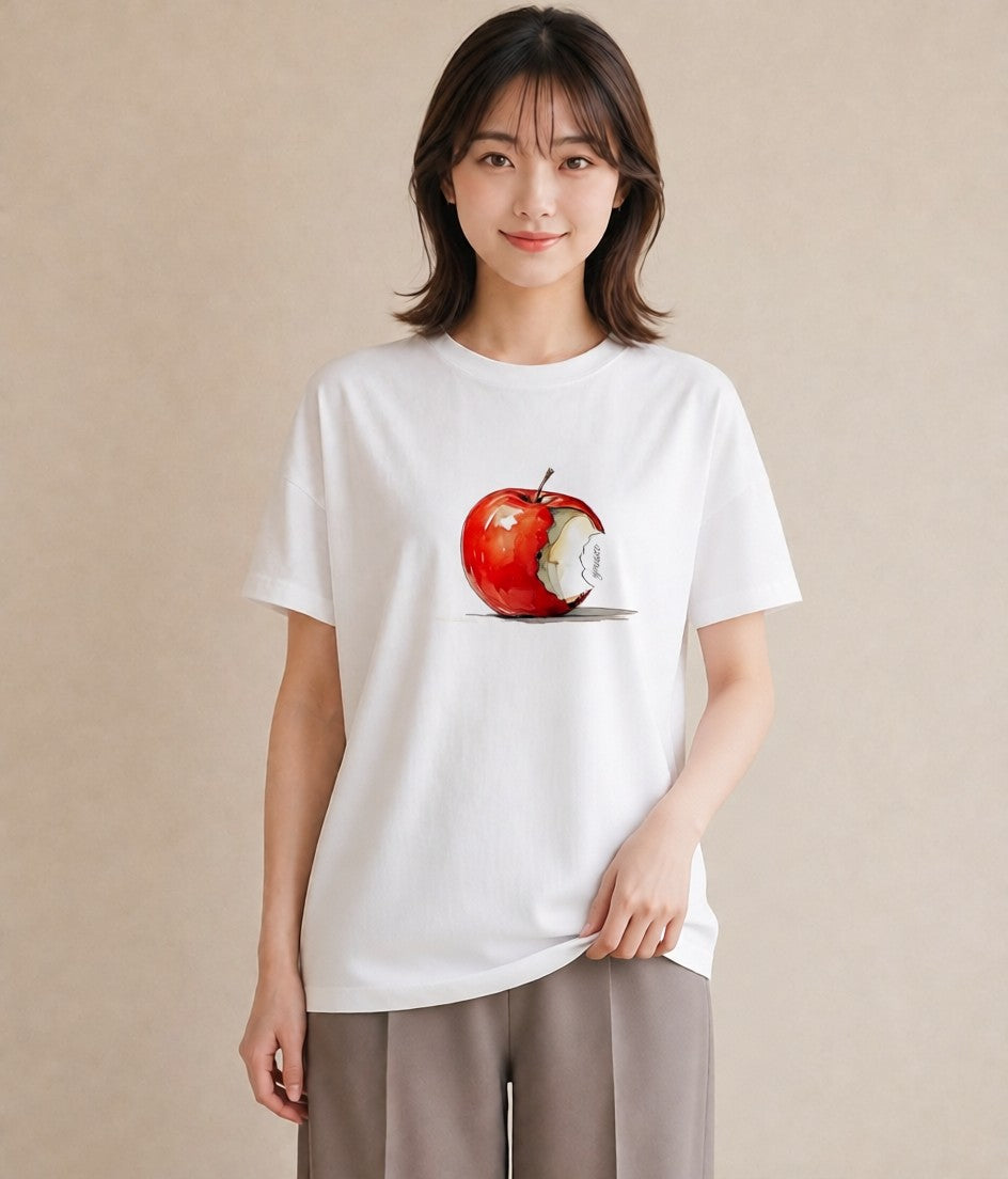 プリントTシャツ レディース りんご 林檎 アップル 食べ物 フード イラスト シンプル 週末コーデ 敬老の日 白T YMAZO