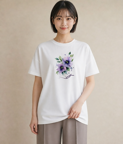 Tシャツ レディース スミレ 花 花柄 イラスト 線画 レイヤード 友達ギフト 白T YMAZO
