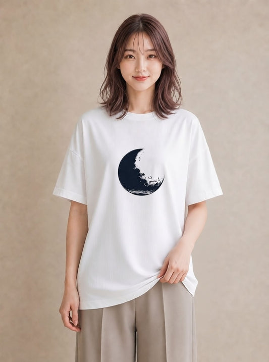 デザインTシャツ レディース 月 星空 宇宙 イラスト 上品 綿100 デート 白T YMAZO