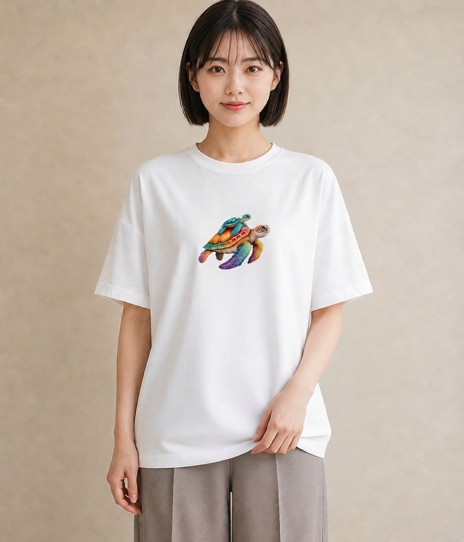 半袖Tシャツ レディース ウミガメ 海の生き物 海 イラスト お洒落 お出かけ 普段着 白T YMAZO