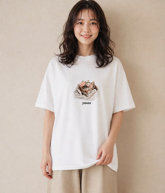 グラフィックTシャツ レディース 子猫 猫 ねこ イラスト 抜け感 親子 20代 白T YMAZO