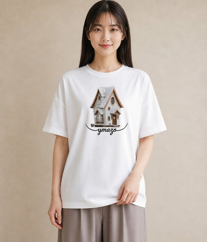 プリントTシャツ レディース 灯りの家 小屋 夜 ナチュラル アンティーク イラスト ガーリー ペアコーデ 秋コーデ 白T YMAZO