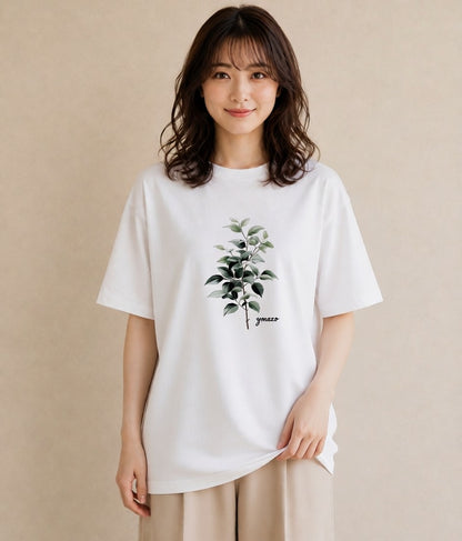プリントTシャツ レディース ユーカリ 植物 ボタニカル イラスト 可愛い ペアコーデ 秋コーデ 白T YMAZO