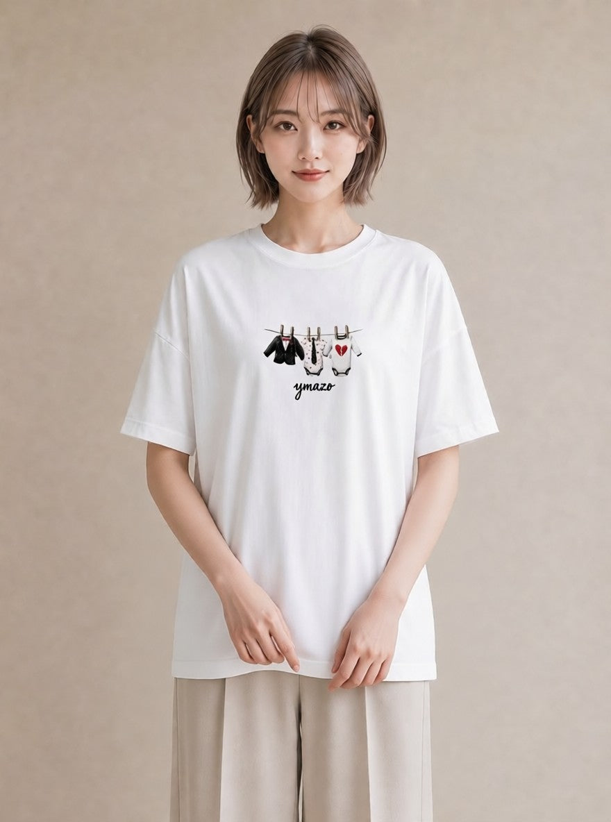 プリントTシャツ レディース 洗濯物 風 ナチュラル アンティーク イラスト 旅行コーデ デート 帰省 白T YMAZO