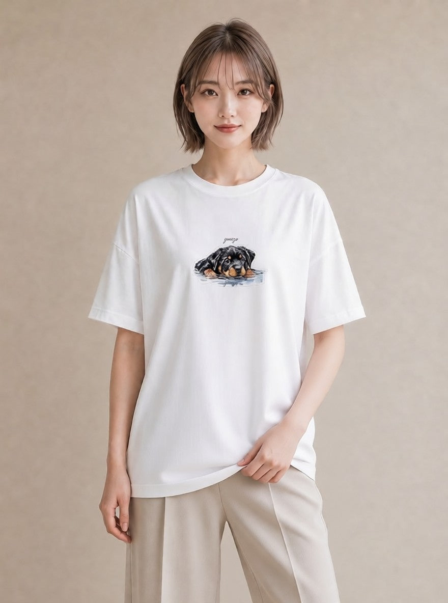 グラフィックTシャツ レディース 黒柴 犬 いぬ イラスト 抜け感 在宅 公園 白T YMAZO