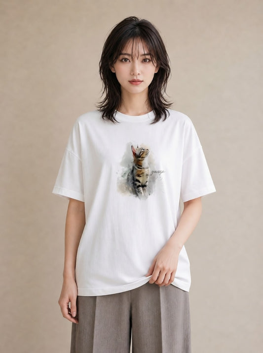 デザインTシャツ レディース 猫 ねこ イラスト 休日コーデ ペアコーデ 秋コーデ 白T YMAZO