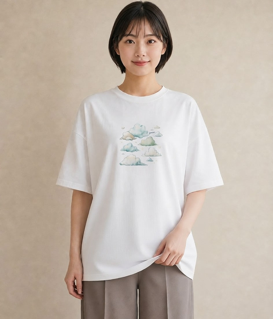 グラフィックTシャツ レディース 雲 星空 宇宙 イラスト ヴィンテージ風 部屋着 女性向けギフト 白T YMAZO