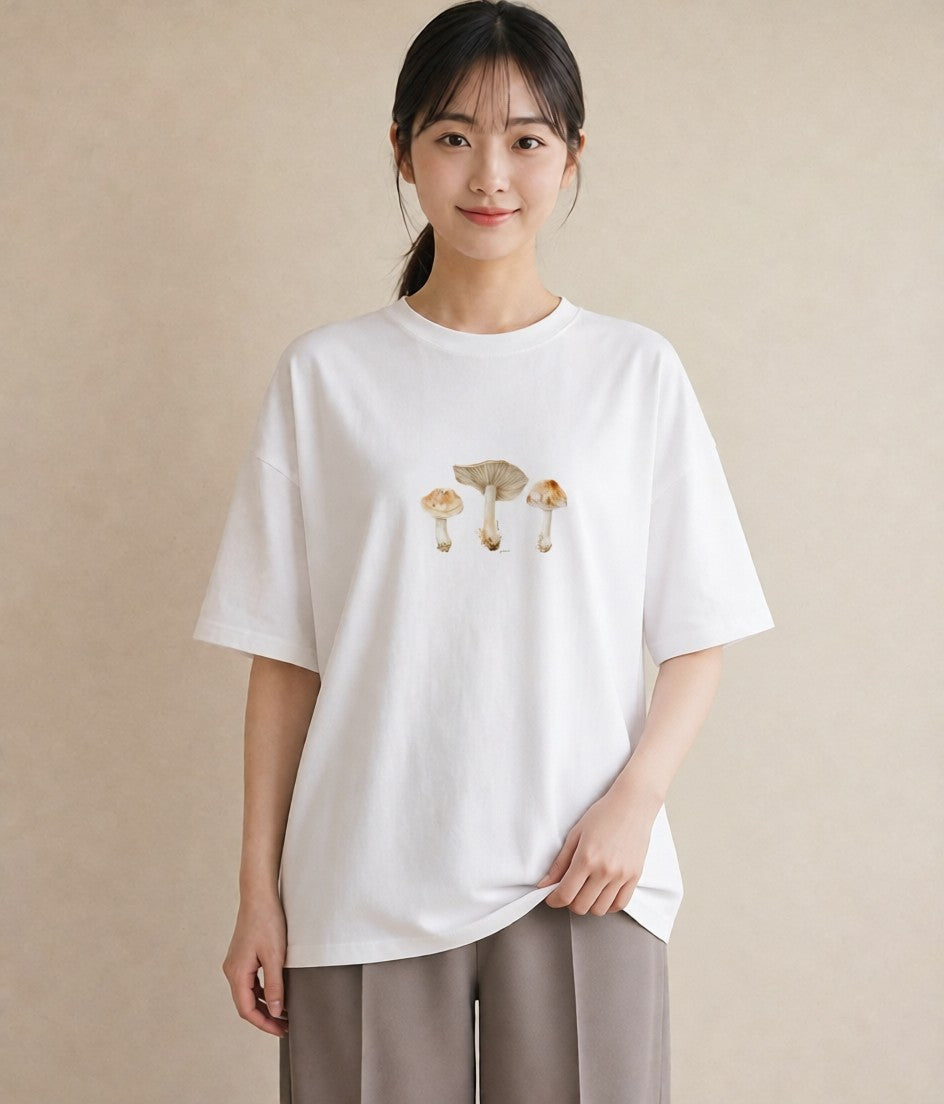 グラフィックTシャツ レディース きのこ 植物 ボタニカル イラスト 上品 ペアコーデ 秋コーデ 白T YMAZO