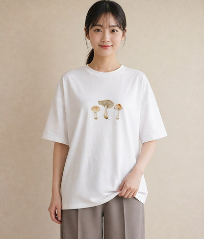 グラフィックTシャツ レディース きのこ 植物 ボタニカル イラスト 上品 ペアコーデ 秋コーデ 白T YMAZO
