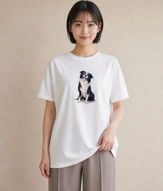 プリントTシャツ レディース ボーダーコリー 犬 いぬ イラスト ヴィンテージ風 お出かけ 普段着 白T