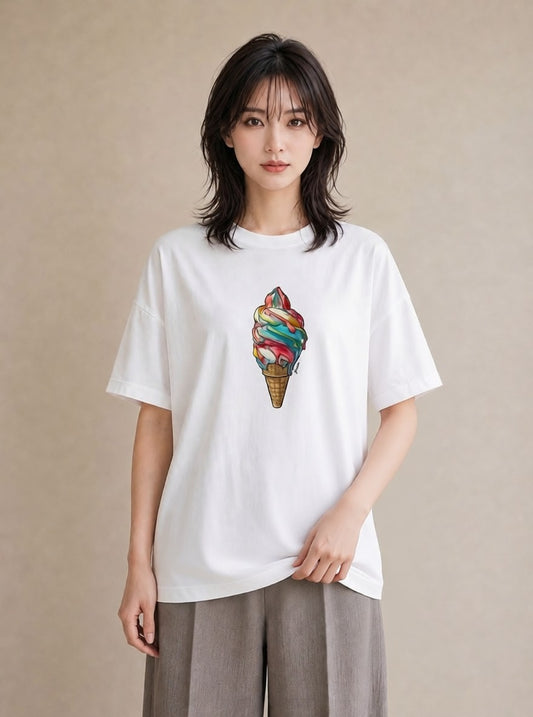 半袖Tシャツ レディース ソフトクリーム 食べ物 フード イラスト フェミニン ラフ レイヤード 白T YMAZO