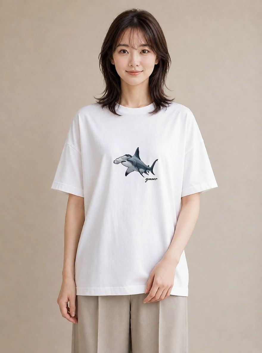 デザインTシャツ レディース サメ 海の生き物 海 イラスト 水彩風 ママ カフェ服 白T YMAZO