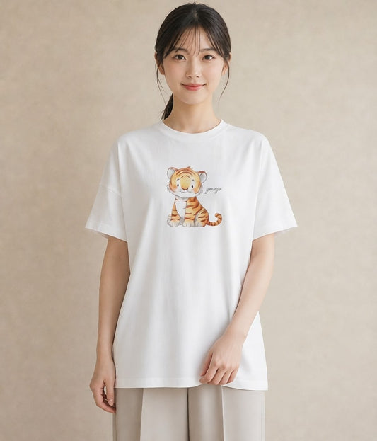 Tシャツ レディース 茶トラ 茶猫 猫 ねこ イラスト ポップ ラフ レイヤード 白T YMAZO