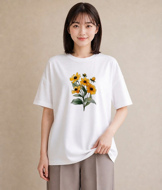 半袖Tシャツ レディース ひまわり 向日葵 花 花柄 イラスト ポップ ビーチ デイリーウェア 白T YMAZO