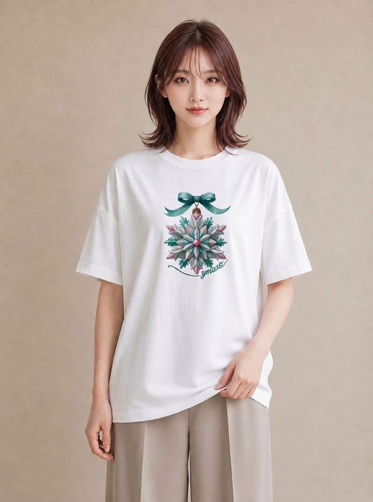 Tシャツ レディース 雪の結晶 星空 宇宙 イラスト 淡色 ママ カフェ服 白T YMAZO