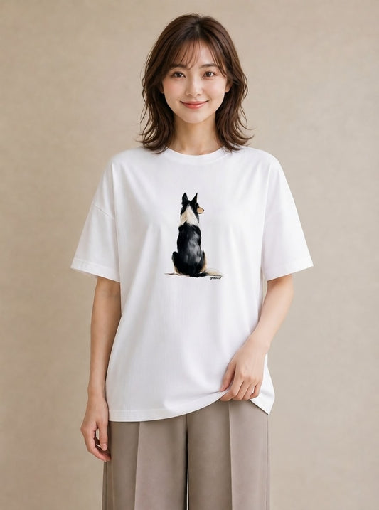 半袖Tシャツ レディース ボーダーコリー 犬 いぬ イラスト シンプル カフェ服 クリスマス 白T YMAZO
