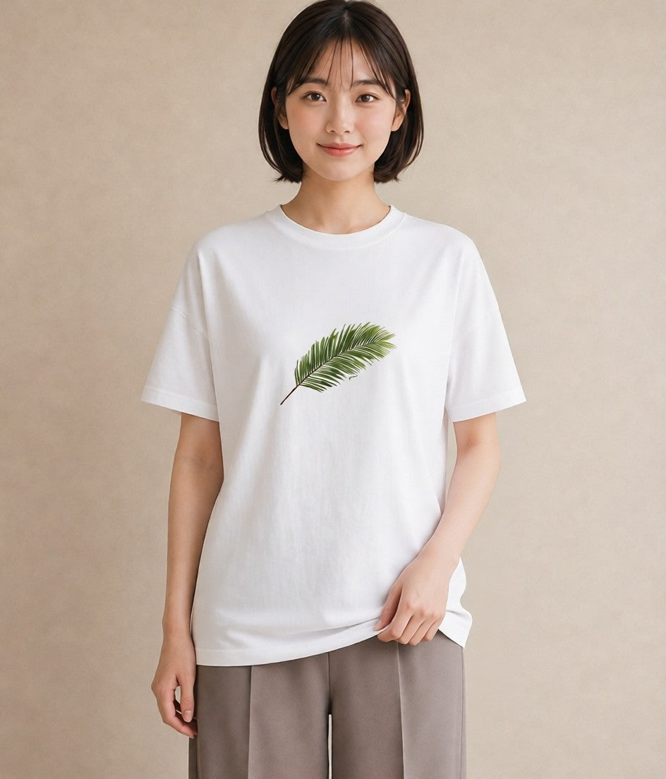 Tシャツ レディース シダ 植物 ボタニカル イラスト フェミニン 普段着 週末コーデ 白T YMAZO