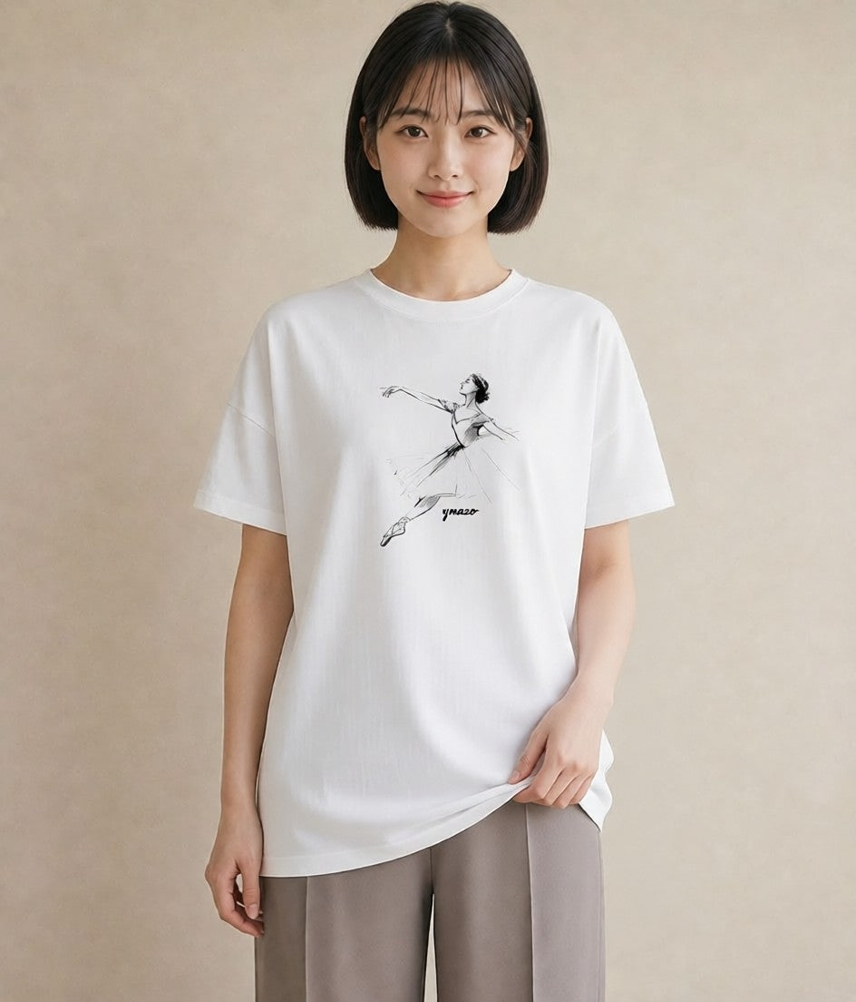 半袖Tシャツ レディース バレエシューズ バレエ トウシューズ ナチュラル アンティーク イラスト レイヤード 友達ギフト 白T YMAZO