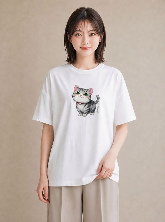 デザインTシャツ レディース ベンガル 猫 ねこ イラスト 綿100 デート 白T YMAZO