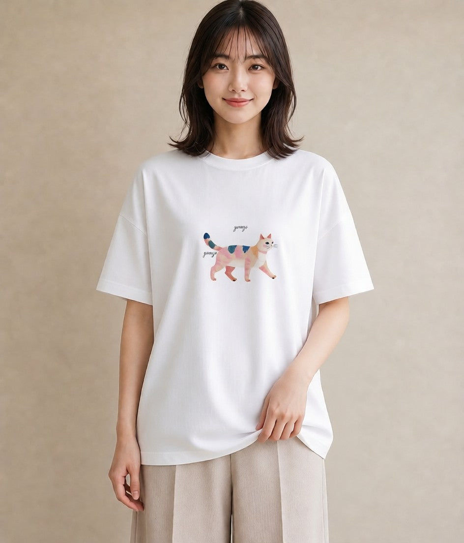 Tシャツ レディース 猫 ねこ イラスト カフェコーデ 女性 旅行用 白T YMAZO