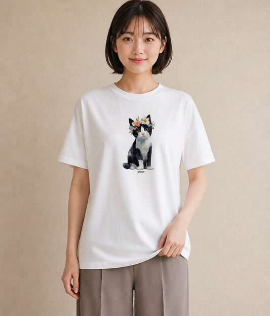 デザインTシャツ レディース 靴下猫 猫 ねこ イラスト ゆるコーデ 通勤 在宅 白T YMAZO
