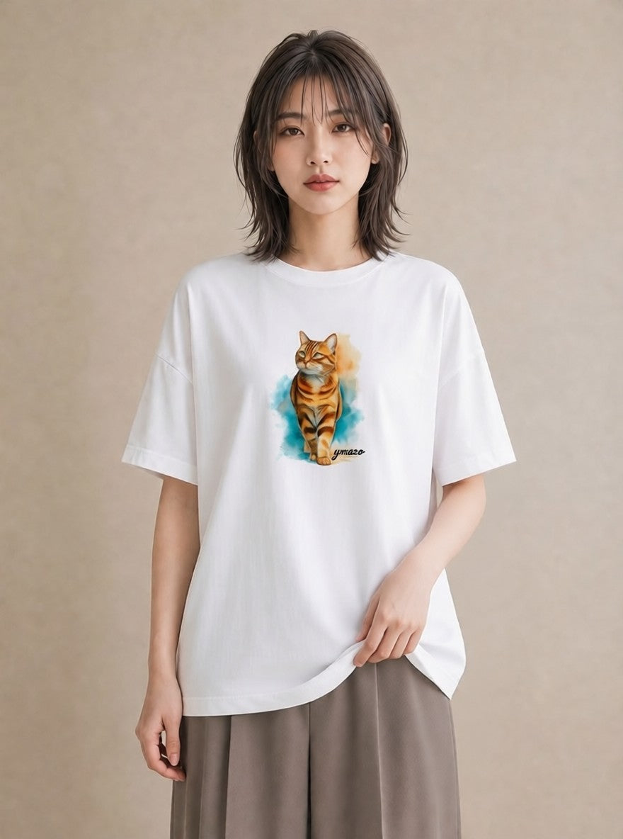 半袖Tシャツ レディース スフィンクス 猫 ねこ イラスト ポップ 春服 ミセス 白T YMAZO