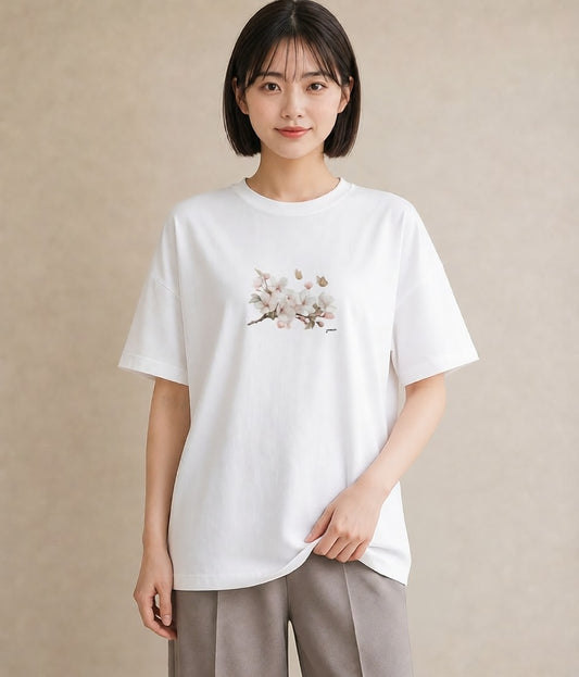 Tシャツ レディース 梅 花 花柄 イラスト ラフカジュアル 女性向けギフト 散歩 白T YMAZO