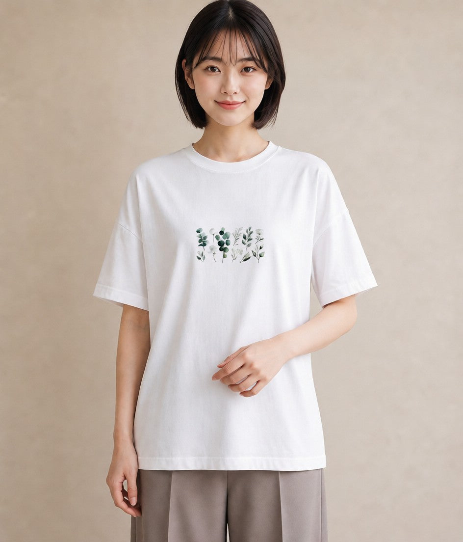 デザインTシャツ レディース ユーカリ 植物 ボタニカル イラスト 淡色 綿100 デート 白T YMAZO